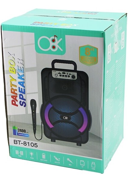 8 Inç Speaker Mikrofonlu Işıklı Hoparlör 2400MAH Bluetooth USB - Aux - Tf - Bluetooht - Dc 5V BT-8105 (5263)