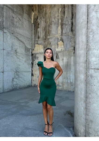 Tek Kol Eteği Fırfırlı Scuba Elbise 581785 Zümrüt