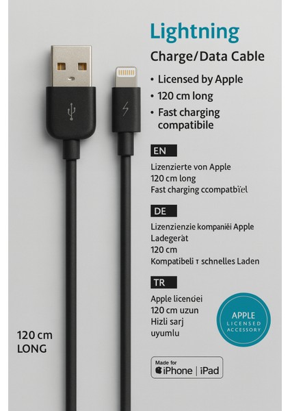 Lightning 120 cm Hızlı Şarj ve Data Kablosu fırsatları