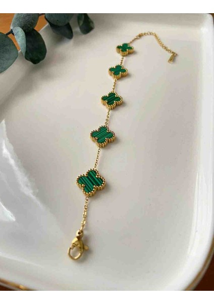 Gold Yeşil Yonca Model Çelik Bileklik