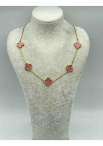 Gold Pembe Yonca Model Kadın Çelik Kolye