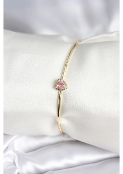 Pembe Zirkon Taşlı Kalp Model Gold Renk Kadın Bileklik