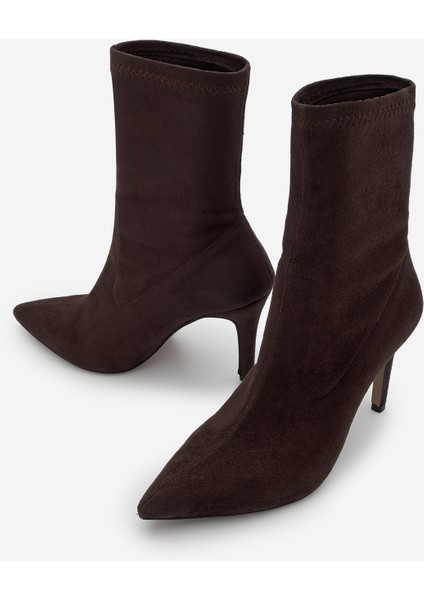 Kadın Sivri Burun Acı Kahve Fermuarsız Streç Süet Topuklu Bot Pesina Kahve Süet