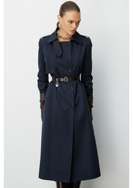 Lacivert Apoletli Klasik Maxi Mac Trençkot
