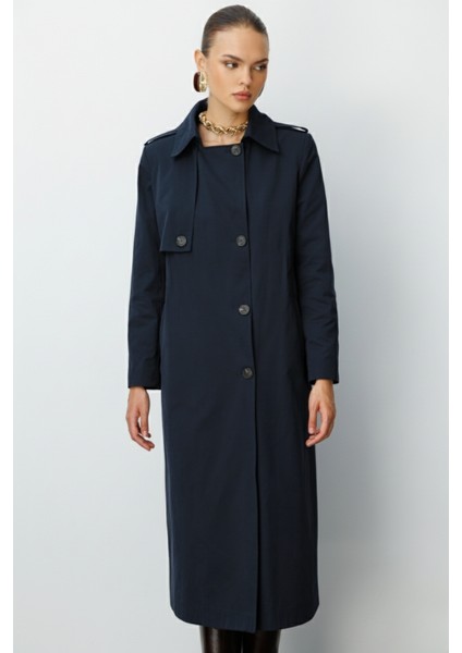 Lacivert Apoletli Klasik Maxi Mac Trençkot fiyatları
