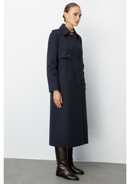Lacivert Apoletli Klasik Maxi Mac Trençkot modelleri