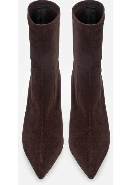 Kadın Sivri Burun Acı Kahve Fermuarsız Streç Süet Topuklu Bot Pesina Kahve Süet