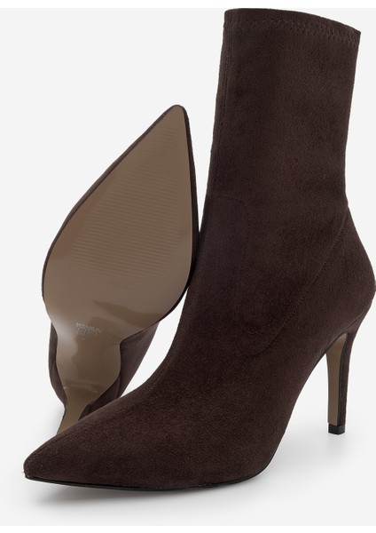 Kadın Sivri Burun Acı Kahve Fermuarsız Streç Süet Topuklu Bot Pesina Kahve Süet