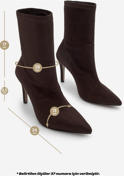 Kadın Sivri Burun Acı Kahve Fermuarsız Streç Süet Topuklu Bot Pesina Kahve Süet