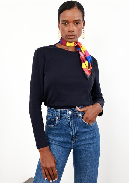 Lacivert Uzun Kollu Basic Tişört 1103