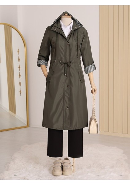 Astarı Çizgili Trençkot -Haki