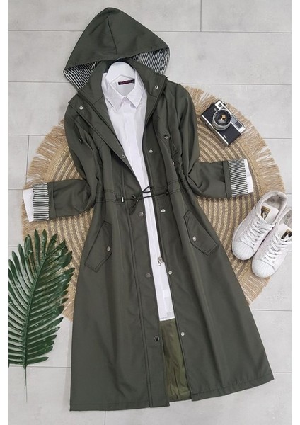 Astarı Çizgili Trençkot -Haki indirimleri