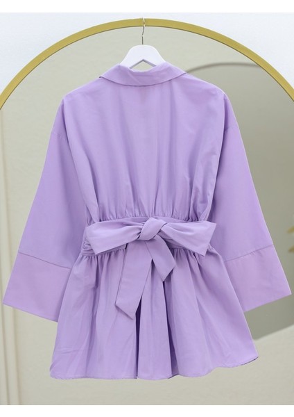 Yarım Düğmeli Beli Bağlamalı Yanı Fermuarlı Tunik -Lila fiyatları