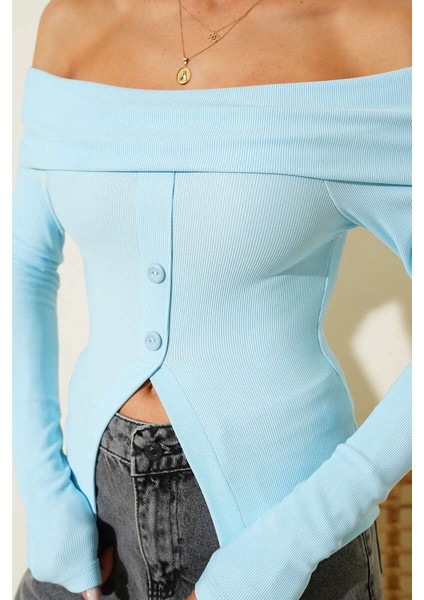 Madonna Yaka Düğmeli Bluz Mavi T4329 fırsatları