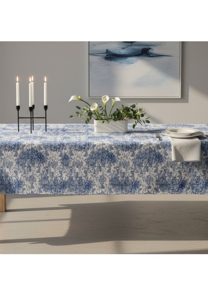 Yüksek Kaliteli Desenli Jakarlı Dokuma Kumaş 160 x 160 Kare Masa Örtüsü Mavi Ağırlıklı