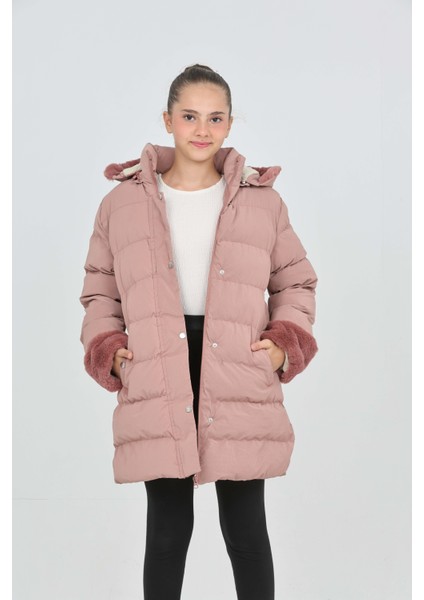Kız Çocuk Kol ve Kapüşonda Kürk Detay Cepli Çıkabilir Kapüşon Şık Kışlık Kız Çocuk Mont