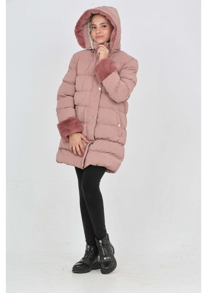 Kız Çocuk Kol ve Kapüşonda Kürk Detay Cepli Çıkabilir Kapüşon Şık Kışlık Kız Çocuk Mont modelleri