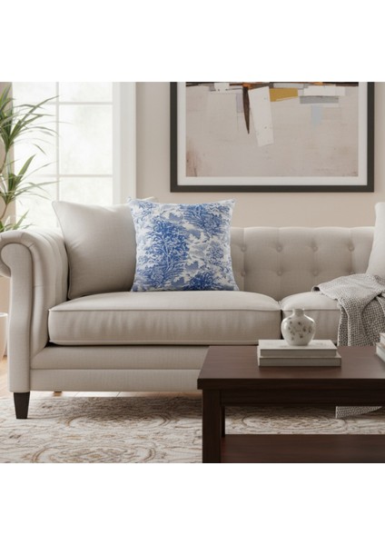 Yüksek Kaliteli Desenli Jakarlı Dokuma Kumaş Kırlent 45 x 43 cm (İçi Dolu) Mavi Ağırlıklı fırsatları