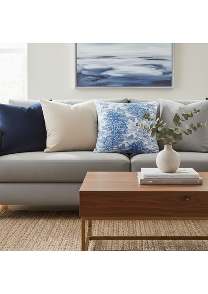 Yüksek Kaliteli Desenli Jakarlı Dokuma Kumaş Kırlent 45 x 43 cm (İçi Dolu) Mavi Ağırlıklı indirimleri