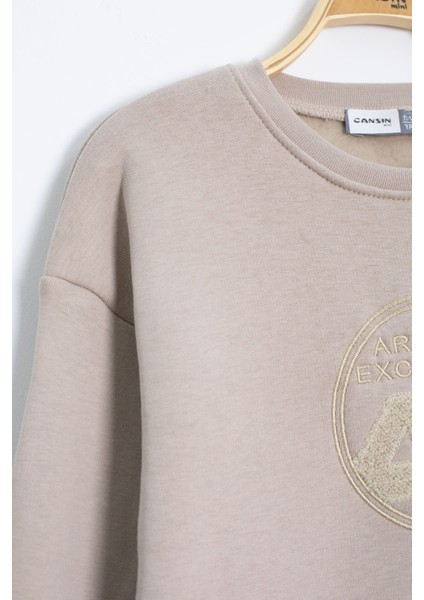 Krem Yazı Nakışlı Bisiklet Yaka Erkek Çocuk Şardonlu Sweatshirt 23247 fiyatları