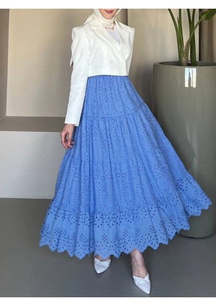 Fisto Işlemeli Katlamalı Etek -Mavi