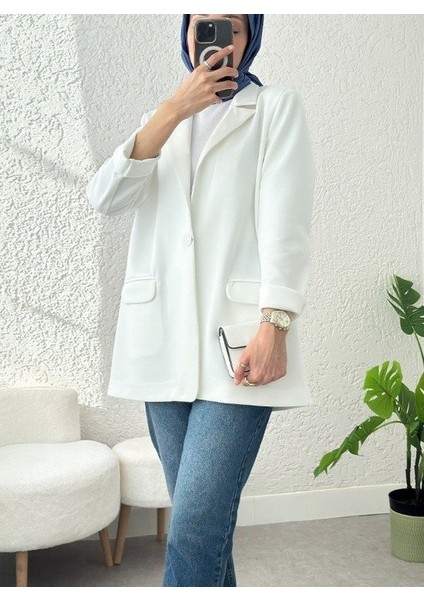 Cepli Tek Düğmeli Likralı Ceket -Beyaz