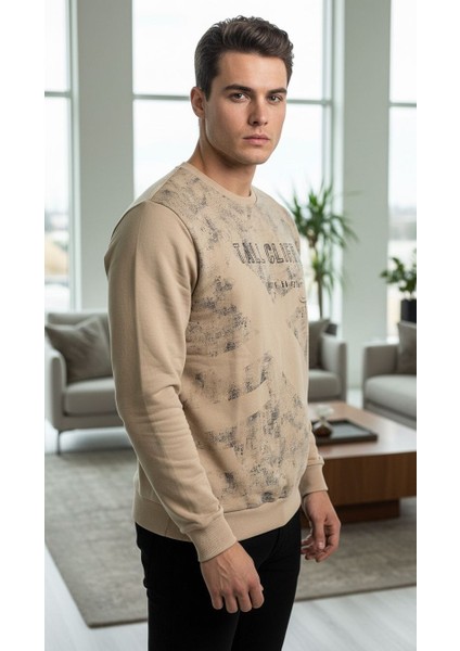 UNİSEX BİSİKLET YAKA BASKILI BEYZİK UZUN KOL SWEATSHİRT