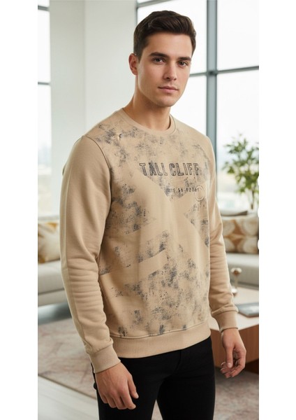 UNİSEX BİSİKLET YAKA BASKILI BEYZİK UZUN KOL SWEATSHİRT