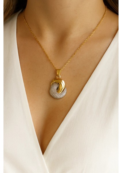 Zarif Zirkon Taşlı Tasarım Gold Gümüş Renk Atmaz Kararmaz Kadın Çelik Kolye