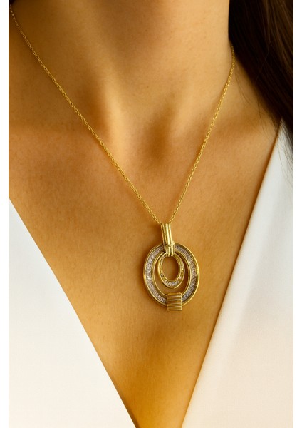 Zarif Çevresel Full Zirkon Taşlı Iç Içe Geçmiş Elips Tasarım Renk Atmaz Kararmaz Kadın Çelik Kolye