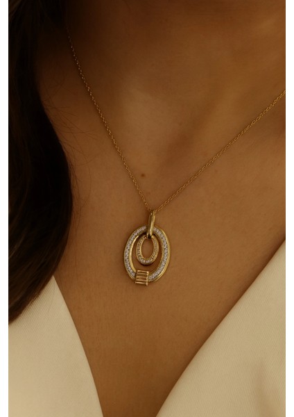 Zarif Çevresel Full Zirkon Taşlı Iç Içe Geçmiş Elips Tasarım Renk Atmaz Kararmaz Kadın Çelik Kolye