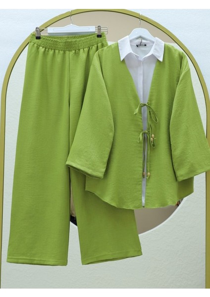 Önü Çift Bağlamalı Pantolonlu Kimono Takım -Yağ Yeşili