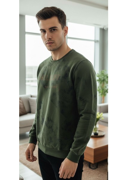 UNİSEX BİSİKLET YAKA BASKILI BEYZİK UZUN KOL SWEATSHİRT