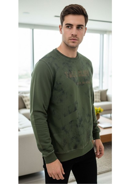 UNİSEX BİSİKLET YAKA BASKILI BEYZİK UZUN KOL SWEATSHİRT