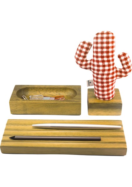 Iroko Kayigo Woody Iroko Ağacı Üçlü Set - Kırmızı Pötikare Kaktüs