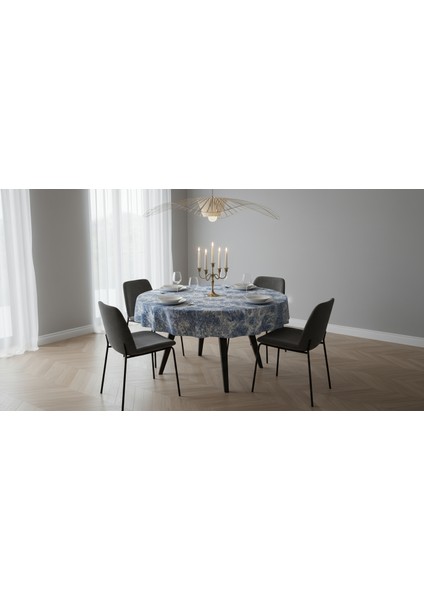 Yüksek Kaliteli Desenli Jakarlı Dokuma Kumaş Yuvarlak 160 x 160 Masa Örtüsü Mavi Ağırlıklı