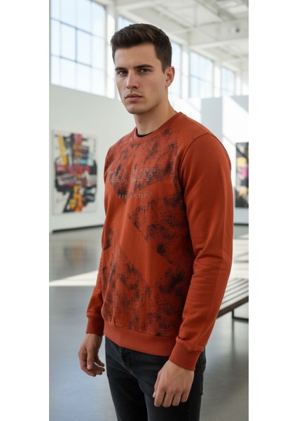 UNİSEX BİSİKLET YAKA BASKILI BEYZİK UZUN KOL SWEATSHİRT