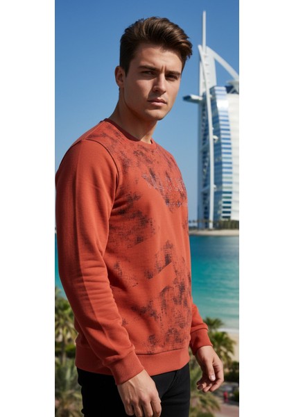 UNİSEX BİSİKLET YAKA BASKILI BEYZİK UZUN KOL SWEATSHİRT