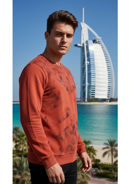 UNİSEX BİSİKLET YAKA BASKILI BEYZİK UZUN KOL SWEATSHİRT