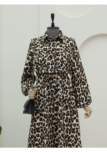 Üstü Gömlek Detaylı Leopar Desenli Elbise -Vizon modelleri