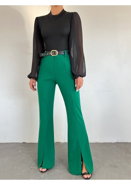 Ispanyol Paça Yırtmaçlı Kemerli Pantolon -Yeşil fiyatları
