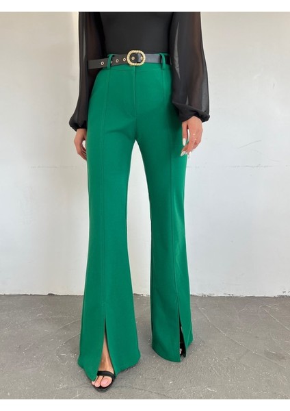Ispanyol Paça Yırtmaçlı Kemerli Pantolon -Yeşil modelleri