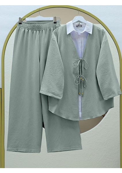 Önü Çift Bağlamalı Pantolonlu Kimono Takım -Mint