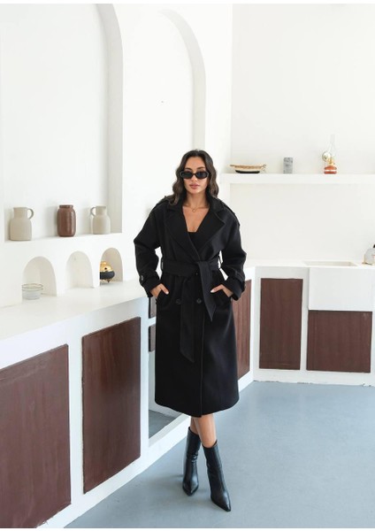 Premium Oversize Modern Siyah Kaşe Kaban fırsatları