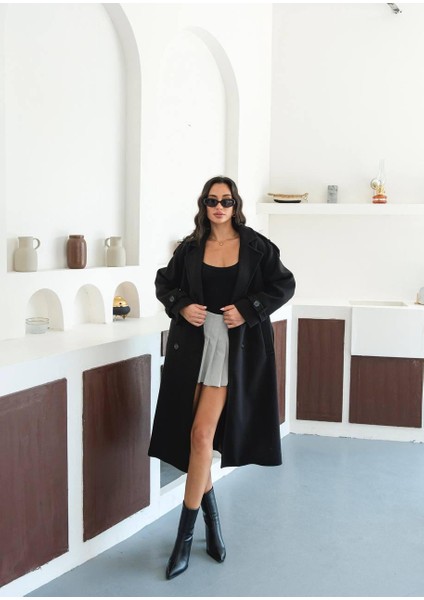 Premium Oversize Modern Siyah Kaşe Kaban