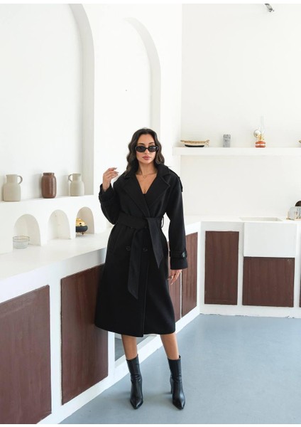 Premium Oversize Modern Siyah Kaşe Kaban