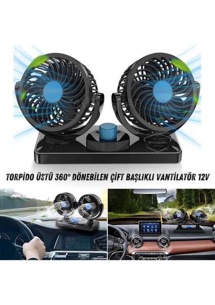 Üniversal Oto Ofis Araç Içi Torpido Üstü Vantilatör Çift Başlıklı Çakmaklık Girişli 2 Kademeli Soğutucu Fan 360° Dönebilen Ultra Sessiz Araç Fanı 12V Mavi ONV54