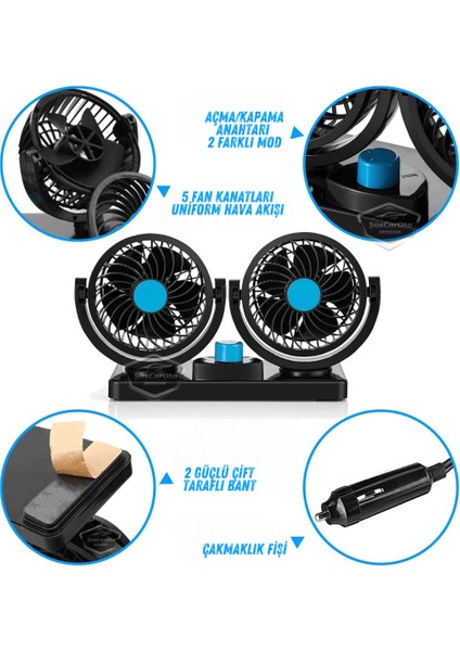 Üniversal Oto Ofis Araç Içi Torpido Üstü Vantilatör Çift Başlıklı Çakmaklık Girişli 2 Kademeli Soğutucu Fan 360° Dönebilen Ultra Sessiz Araç Fanı 12V Mavi ONV54 modelleri