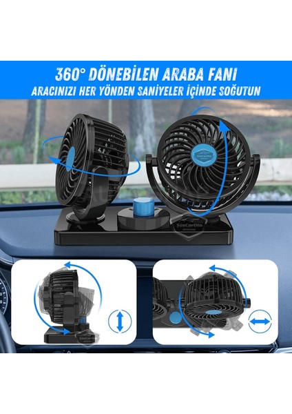 Üniversal Oto Ofis Araç Içi Torpido Üstü Vantilatör Çift Başlıklı Çakmaklık Girişli 2 Kademeli Soğutucu Fan 360° Dönebilen Ultra Sessiz Araç Fanı 12V Mavi ONV54 fırsatları