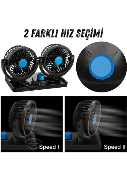 Üniversal Oto Ofis Araç Içi Torpido Üstü Vantilatör Çift Başlıklı Çakmaklık Girişli 2 Kademeli Soğutucu Fan 360° Dönebilen Ultra Sessiz Araç Fanı 12V Mavi ONV54